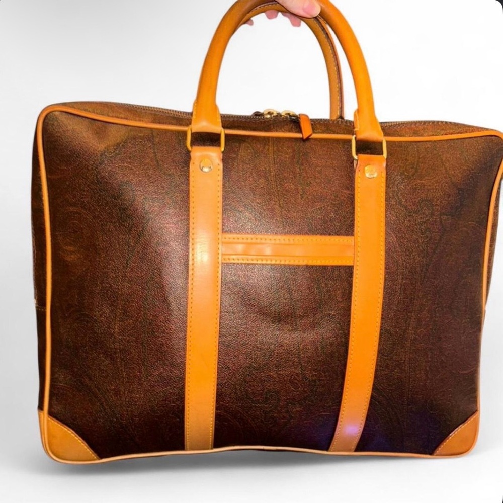 Etro Vintage Briefcase Bag Vachetta Leather and Coated Canvas